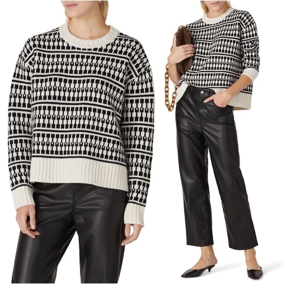 JASON WU Cropped Geometric Graphic Stripe Wool Sweater in Black & Ivory Size XS - Picture 2 of 7